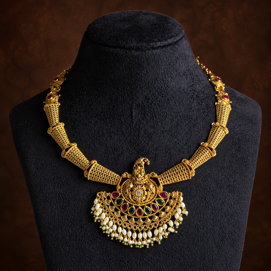 Antique Gold Temple Pearl Necklace Set