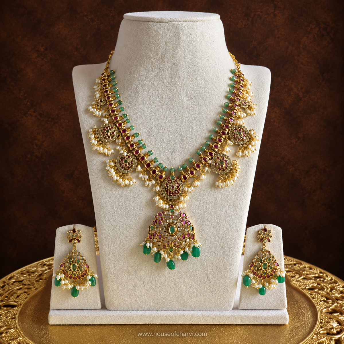 Antique Gold Ruby Green Bead Necklace Set