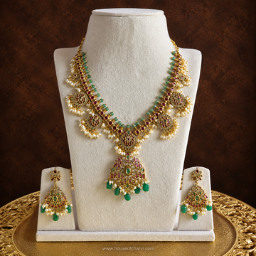 Antique Gold Ruby Green Bead Necklace Set