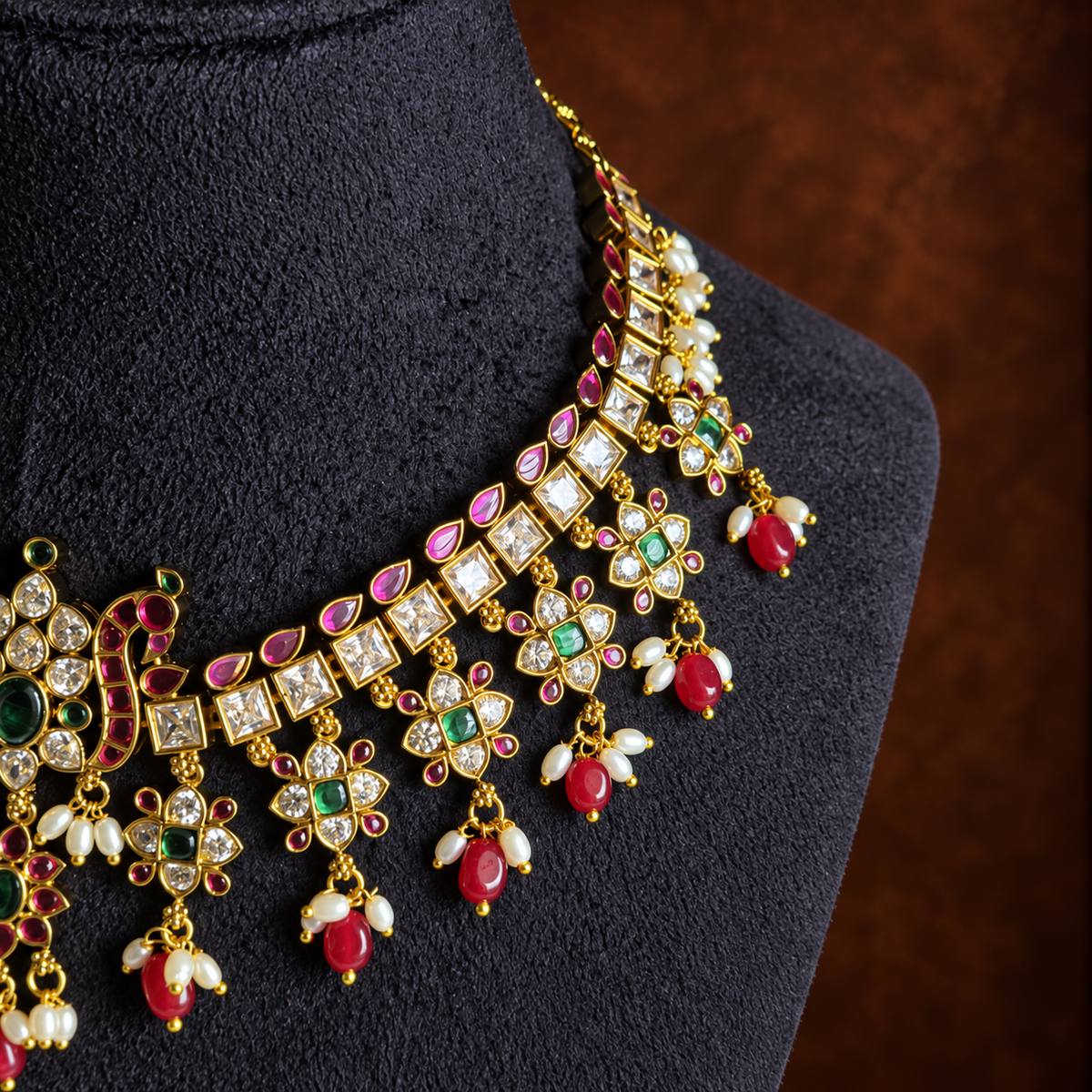 Ruby Green Floral Choker Necklace Set