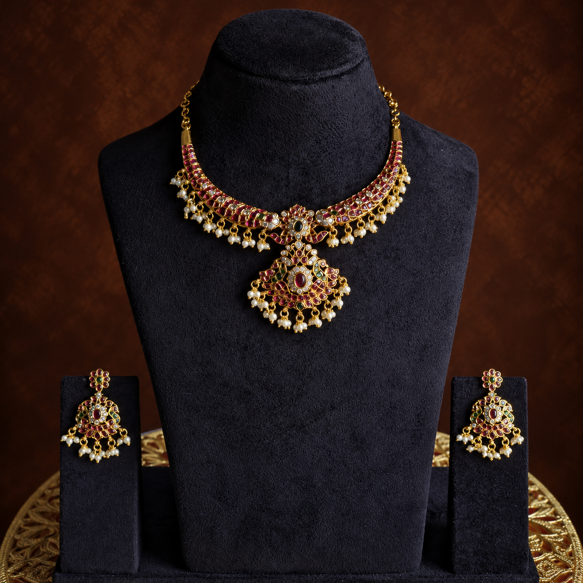 Ruby Green Pearl Pendant Set