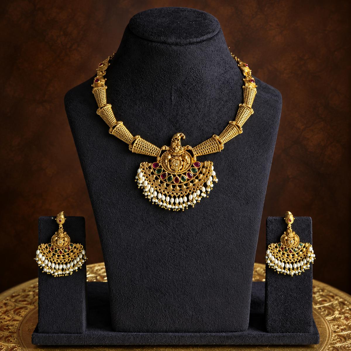 Antique Gold Temple Pearl Necklace Set