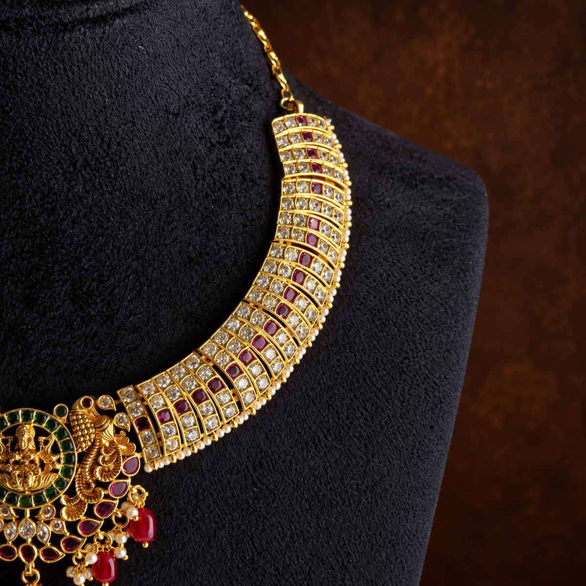 Antique Gold Lakshmi Ruby Green Necklace Set