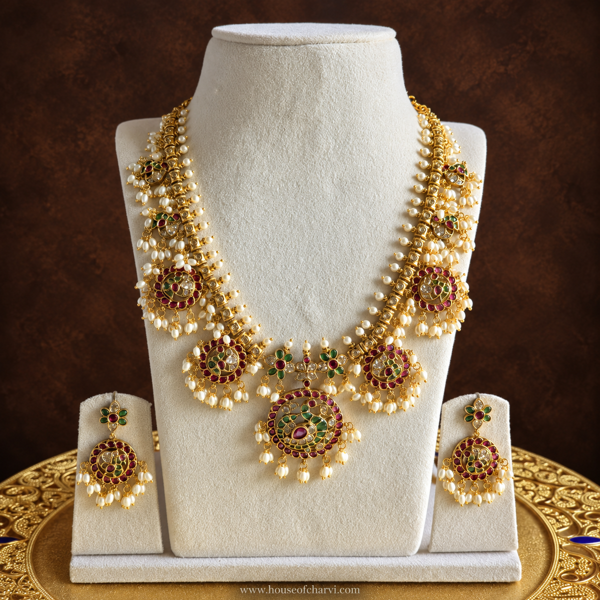 Antique Gold Ruby Green Pearl Necklace Set
