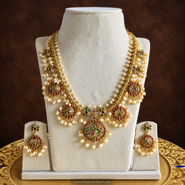 Antique Gold Ruby Green Pearl Necklace Set