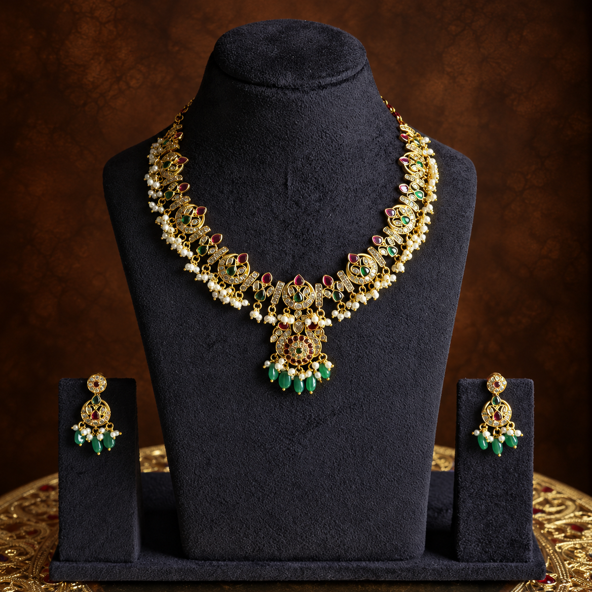 Antique Gold Ruby Green Pearl Necklace Set