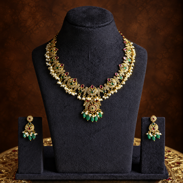 Antique Gold Ruby Green Pearl Necklace Set