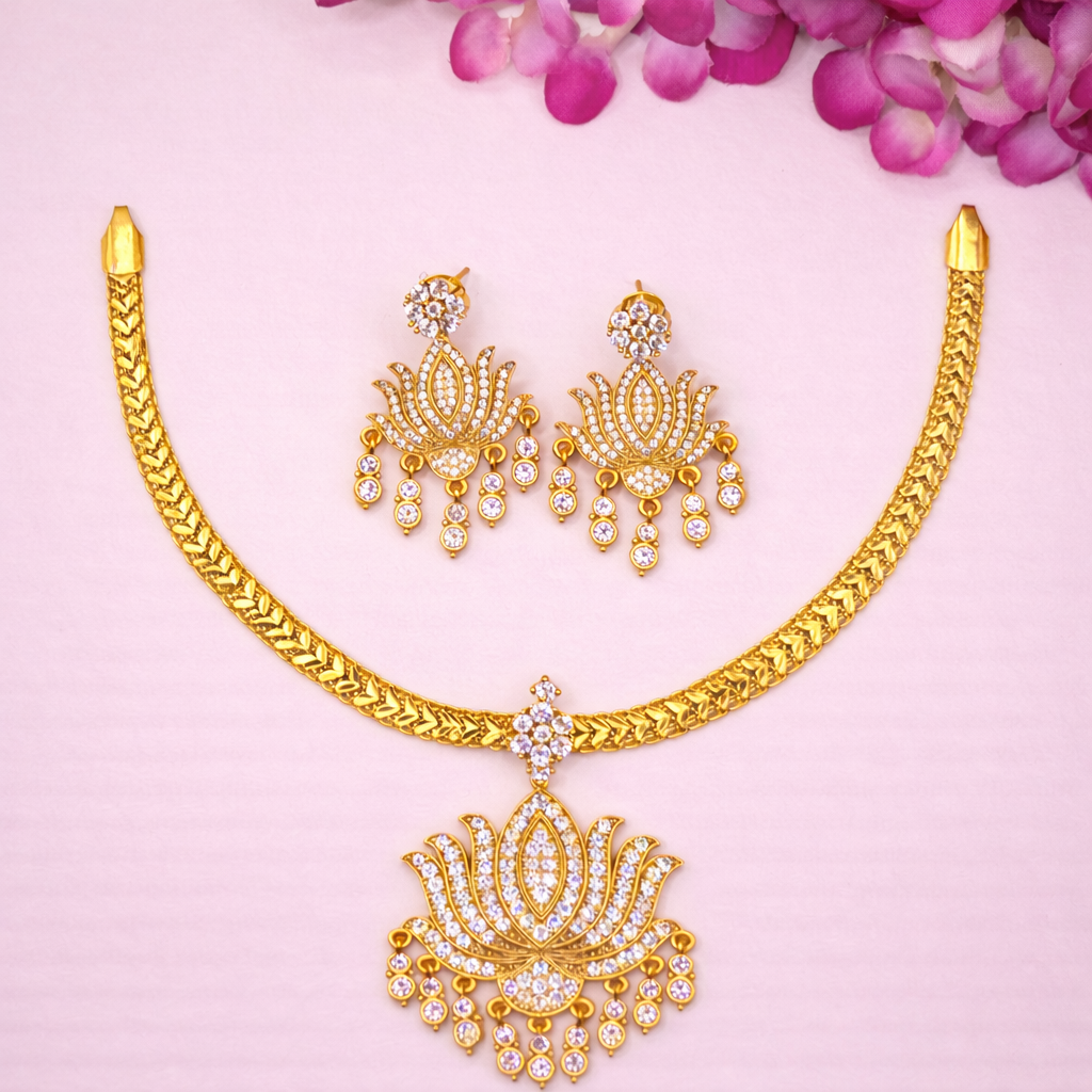 CZ Lotus Pendant Necklace Set