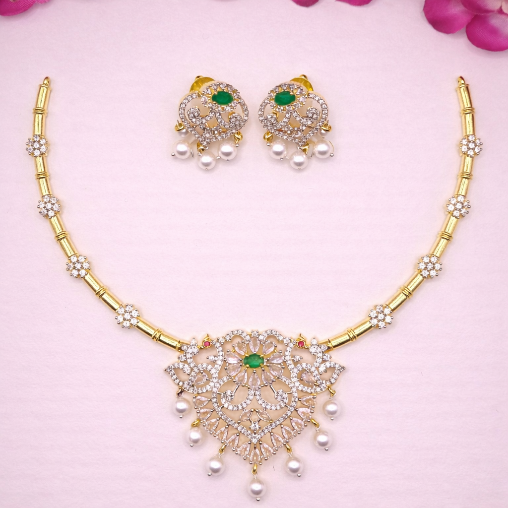 CZ Emerald Pearl Floral Necklace Set