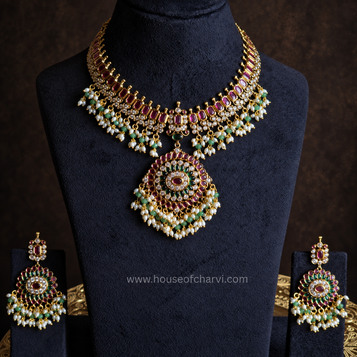 Ruby Green Kundan Necklace Set