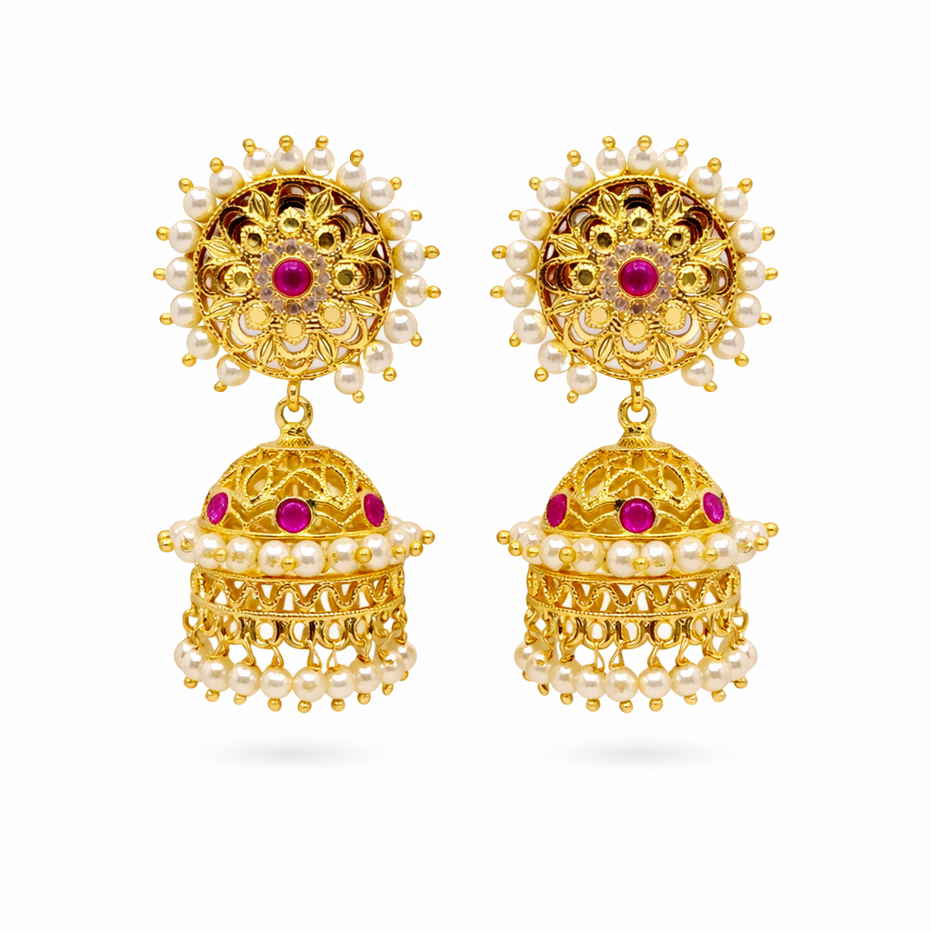 Pearl Sunburst Ruby CZ Jhumka