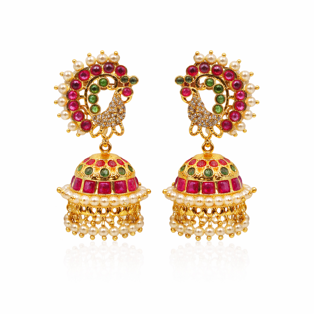 Peacock Pearl Ruby Emerald Jhumka