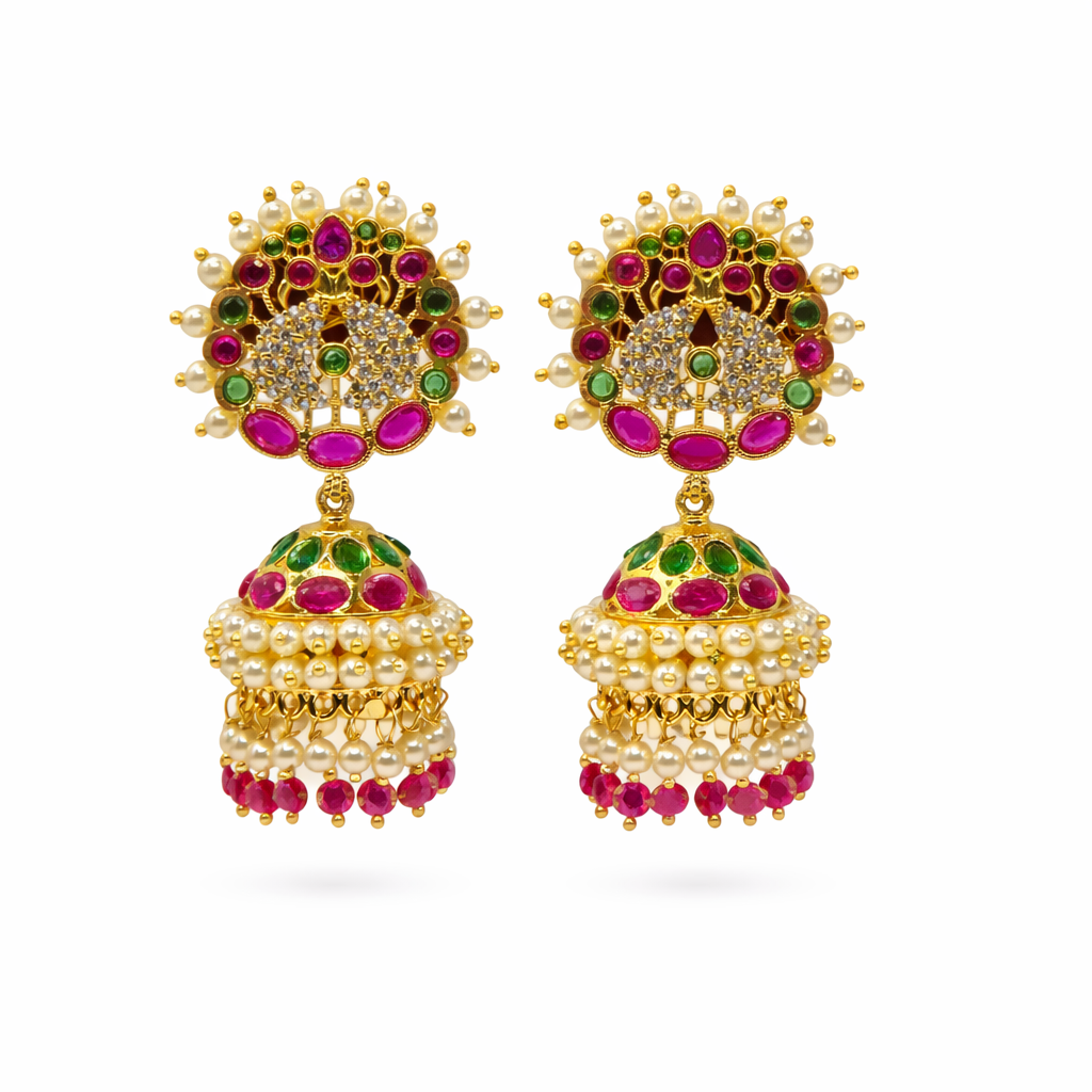 Pearl Cluster Ruby Emerald CZ Jhumka
