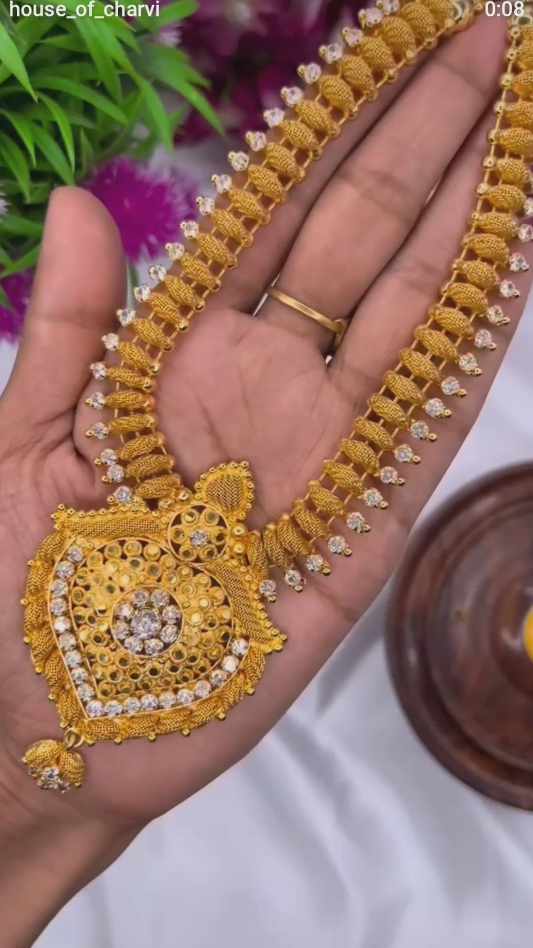 Gold Filigree CZ Long Necklace & Earring Set