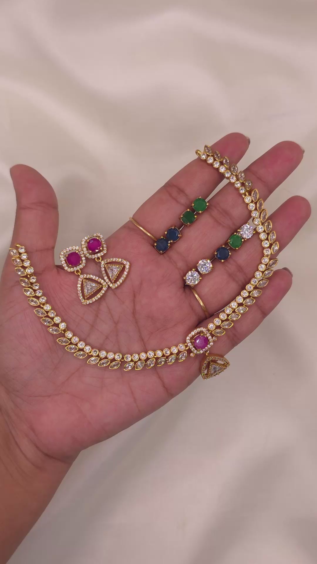 Ruby Triangle CZ Necklace Set
