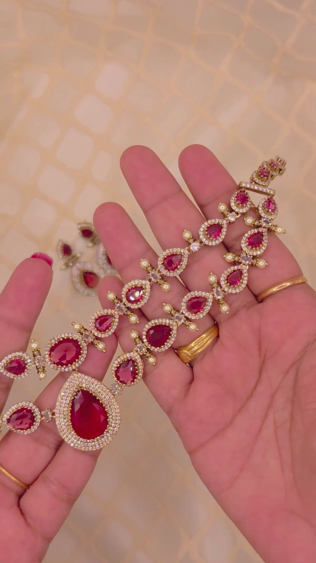 Royal Ruby Victorian AD Layered Necklace Set
