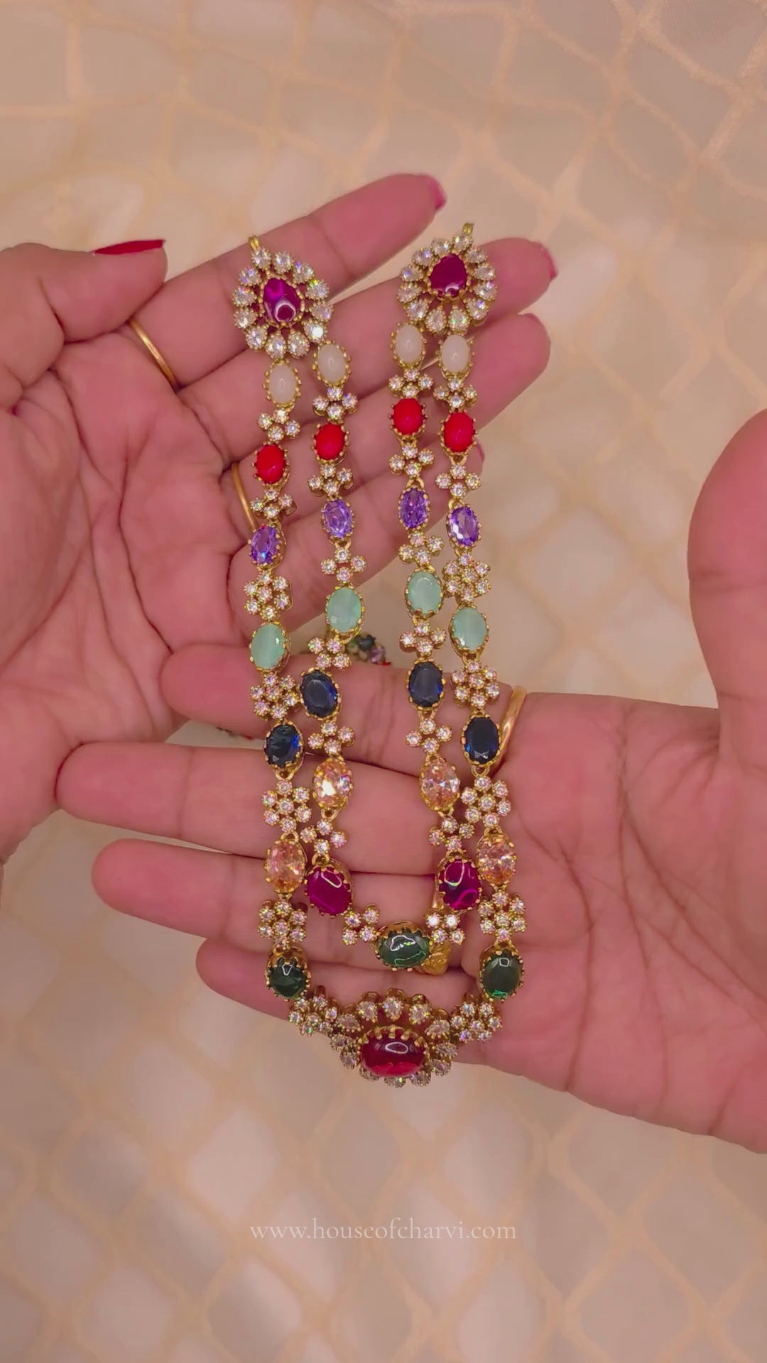 Rainbow Navaratna Victorian Double Layer Necklace Set