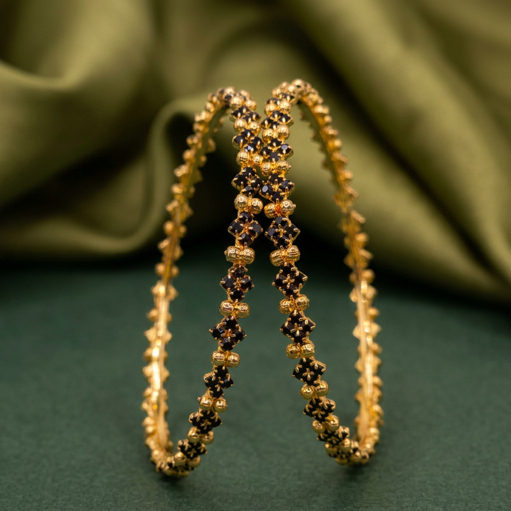 Black Stone Gold Bead Bangle Set