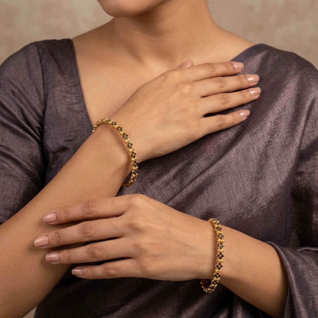 Black Stone Gold Bead Bangle Set