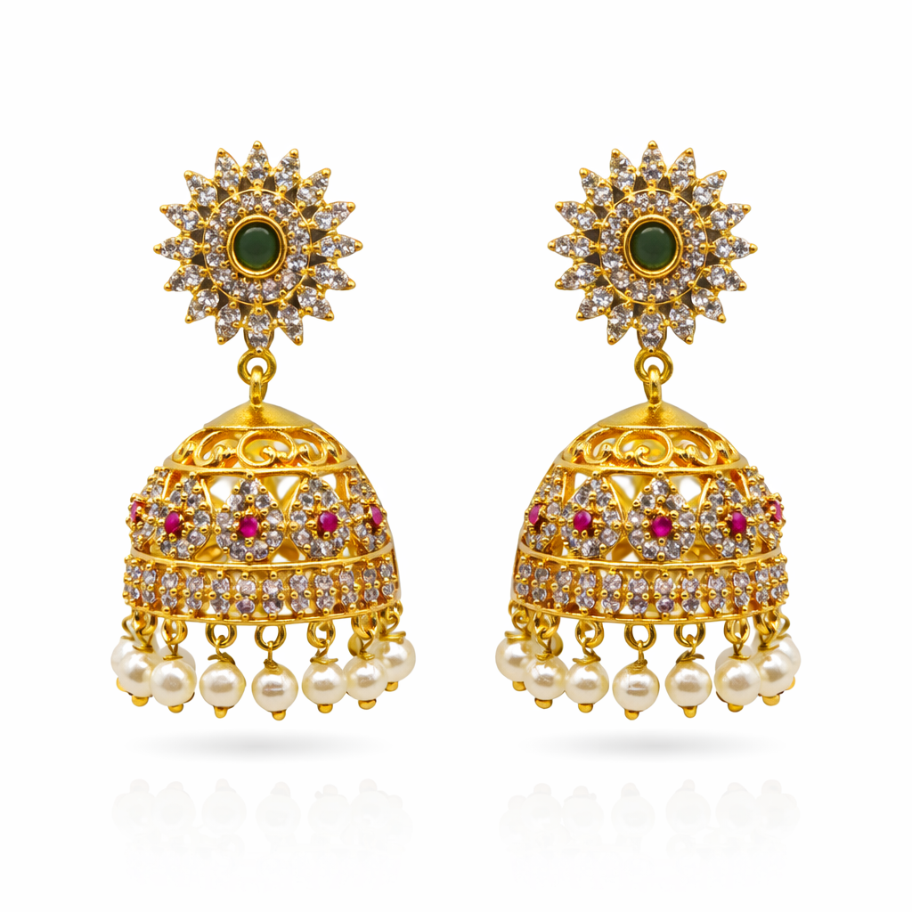 CZ Sunburst Ruby Pearl Jhumka