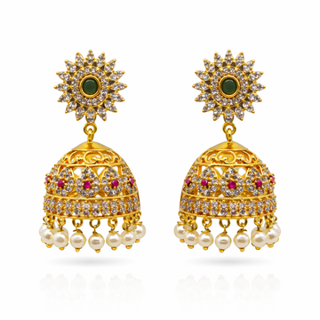 CZ Sunburst Ruby Pearl Jhumka
