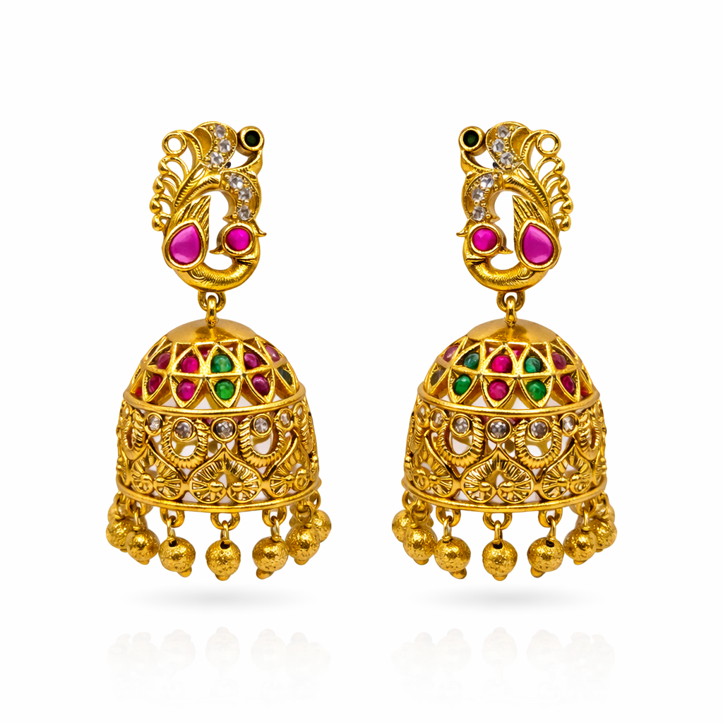 Peacock Filigree Ruby Emerald Jhumka