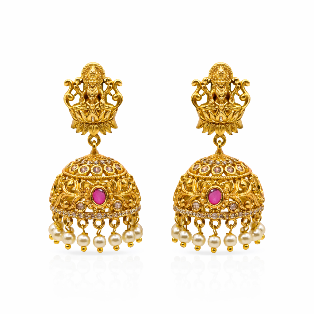 Lakshmi Temple CZ Ruby Pearl Jhumka