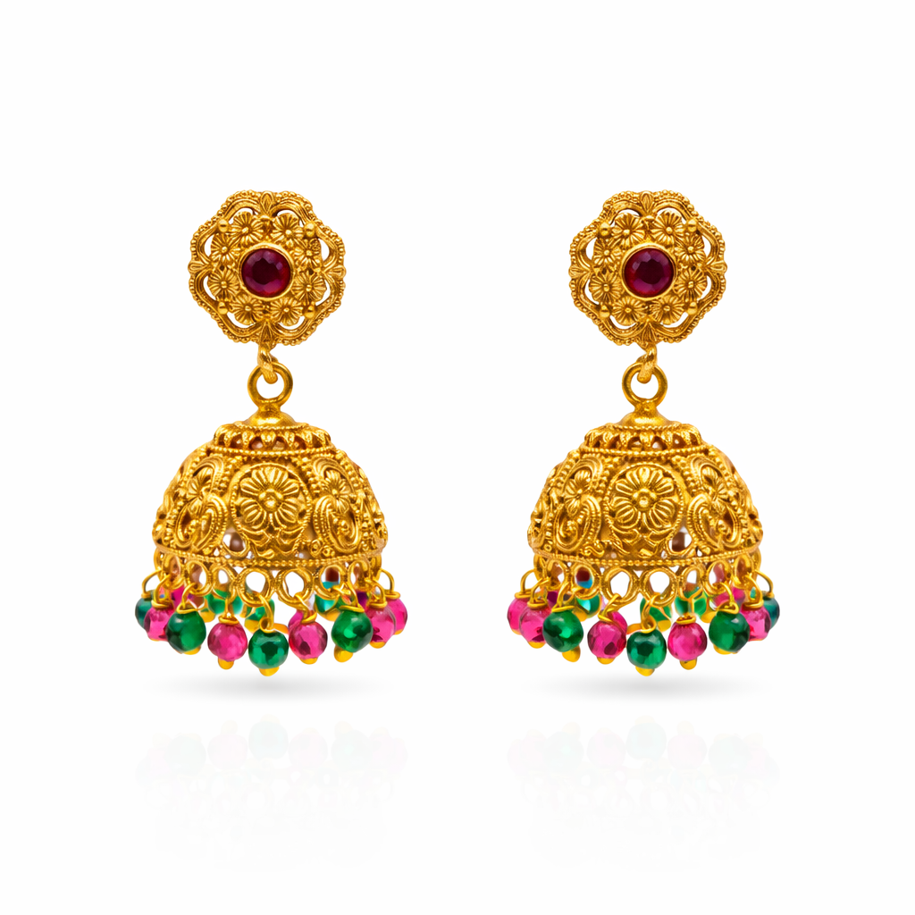 Nakshi Floral Ruby Emerald Jhumka