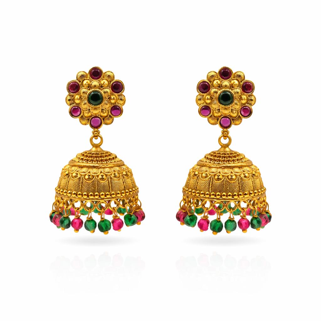 Kemp Floral Ruby Emerald Jhumka