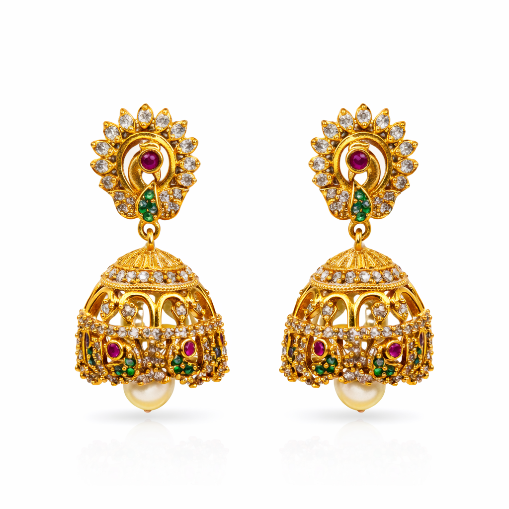 Peacock CZ Ruby Emerald Pearl Jhumka