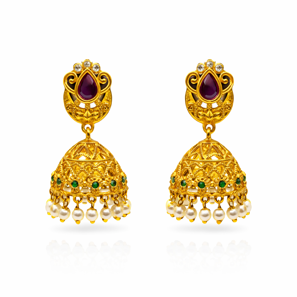 Pear Ruby CZ Filigree Pearl Jhumka