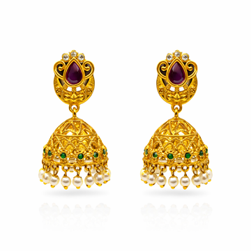 Pear Ruby CZ Filigree Pearl Jhumka